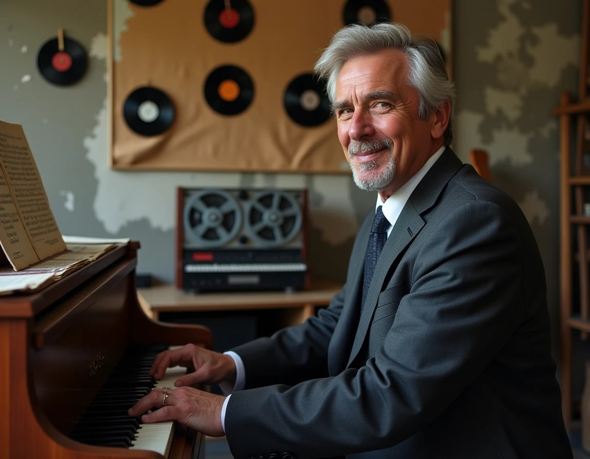 Pianiste en costume jouant dans un studio d'enregistrement vintage entouré de vinyles et partitions années 60