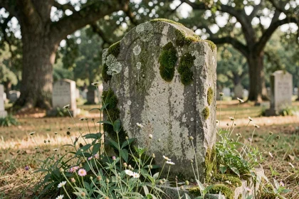 Pierre tombale écologique en pierre naturelle recouverte de mousse verte dans un cimetière arboré, illustrant un décor funéraire respectueux de l'environnement