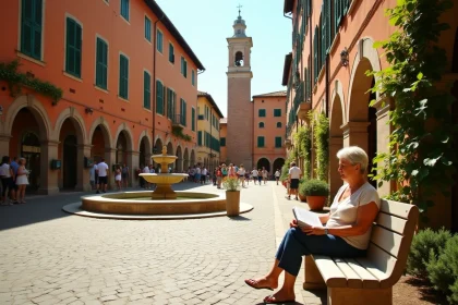 Place italienne historique avec fontaine en marbre et femme consultant un livre de mots fléchés sur un banc en pierre