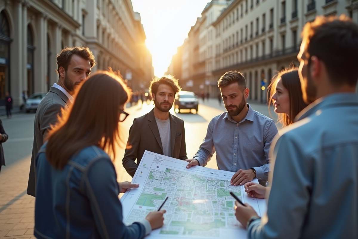 Groupe de personnes consultent une carte d urbanisme dans une place