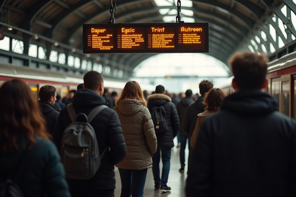 Plateforme RER bondée à Paris avec voyageurs et tableau d'horaires