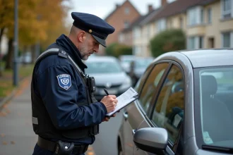 Policier en uniforme rédigeant un procès-verbal à côté d'un véhicule garé dans une rue résidentielle française