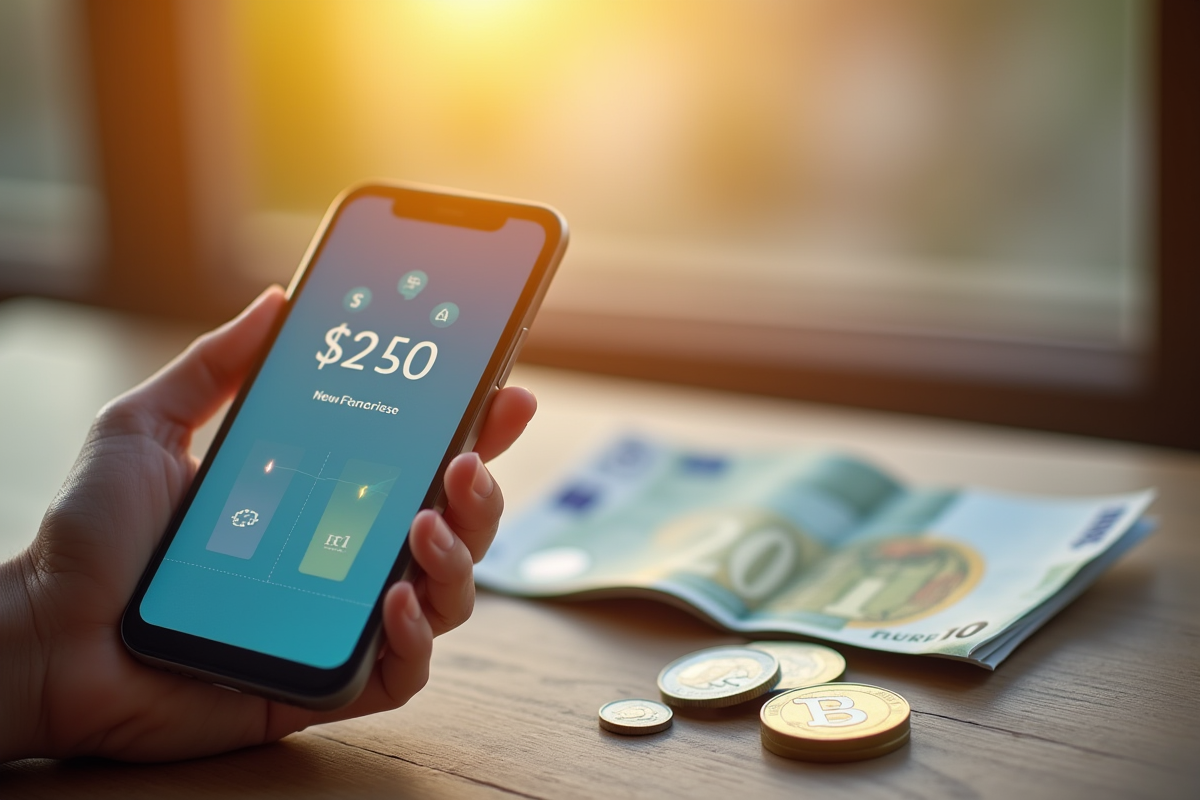 Main tenant un smartphone avec portefeuille numérique et monnaies euros