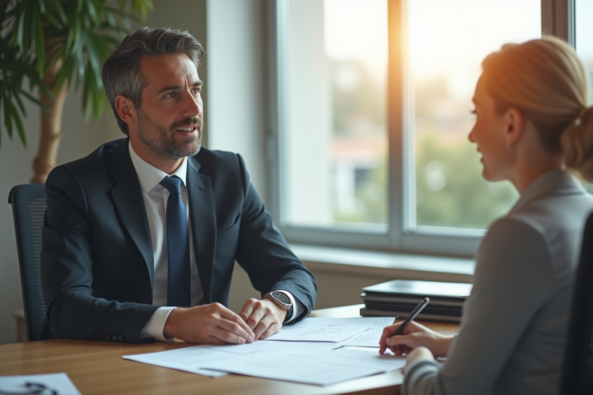 Professionnel en costume examinant des documents au bureau