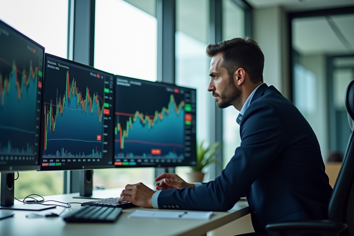 Professionnel inquiet dans un bureau moderne regardant des graphiques en chute