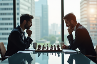 Deux professionnels jouent aux échecs dans un bureau lumineux