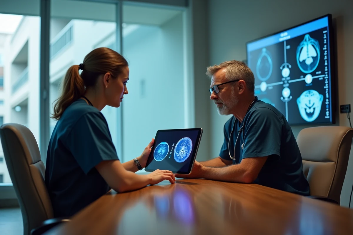 Deux professionnels de santé en blouse bleue discutant des résultats d'un scanner médical sur une tablette dans une salle de consultation hospitalière