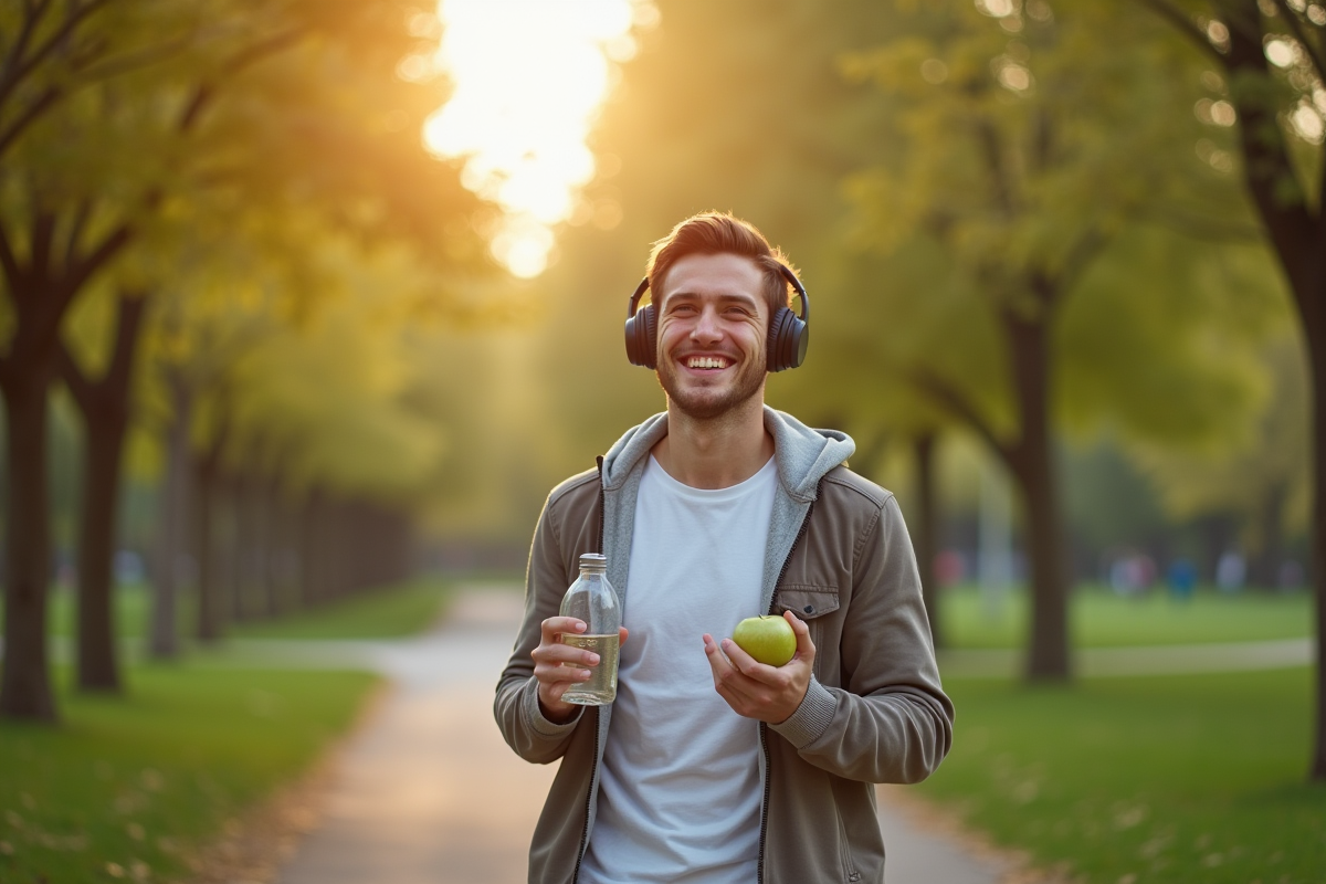 Personne souriante marchant dans un parc avec écouteurs et pomme