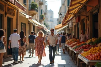 Rue commerçante animée du quartier Noailles à Marseille avec une foule multiculturelle et des étals de marché colorés