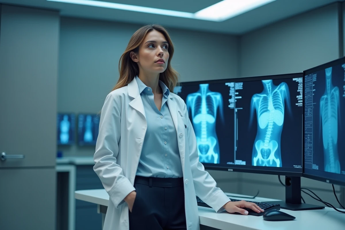 Radiologue féminine analysant des images de scanner 3D sur un écran haute résolution dans un centre d'imagerie médicale moderne en 2026