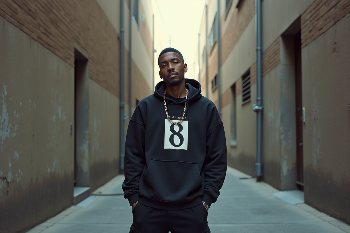 Rappeur en style urbain dans une ruelle avec logo visible