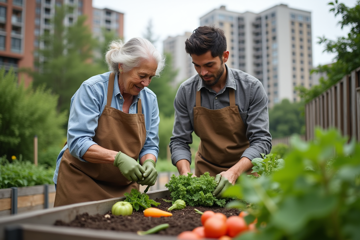 Jeune homme et femme récoltant des légumes dans un jardin communautaire