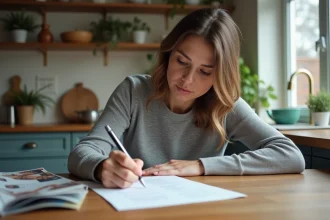 Femme rédigeant une lettre de résiliation d'abonnement magazine à la main sur une table en bois