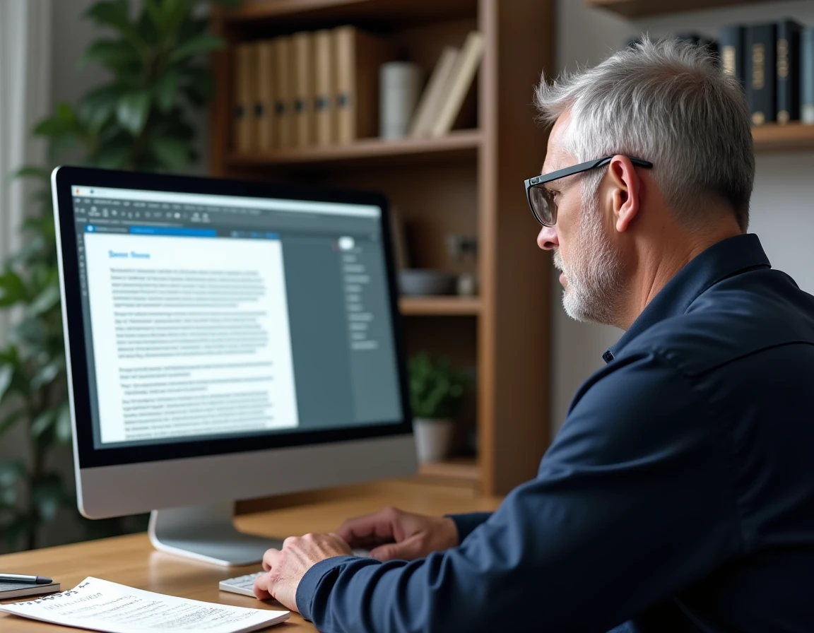 Homme concentré rédigeant un mail formel à un notaire pour le compte d'un proche âgé depuis son bureau à domicile