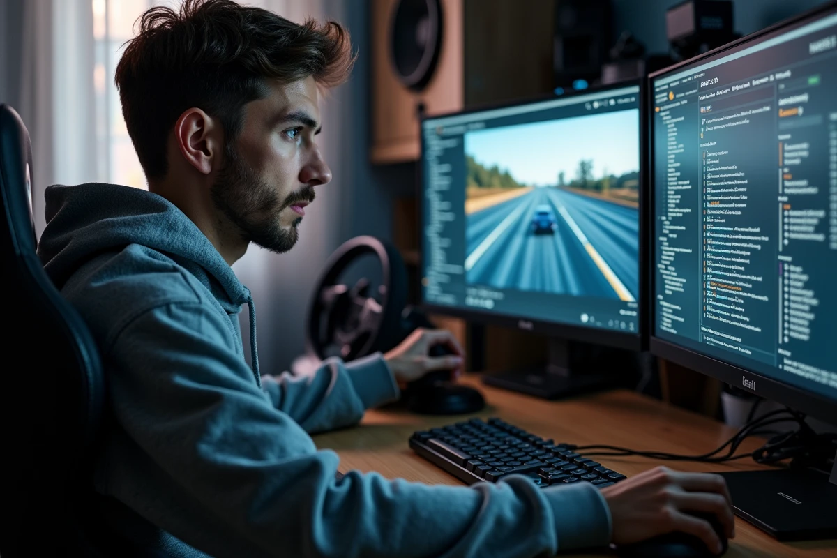 Jeune homme configurant les réglages du simulateur agricole Simagri France 3 sur un PC de bureau