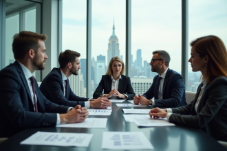 Groupe de professionnels discutant autour d'une table avec documents