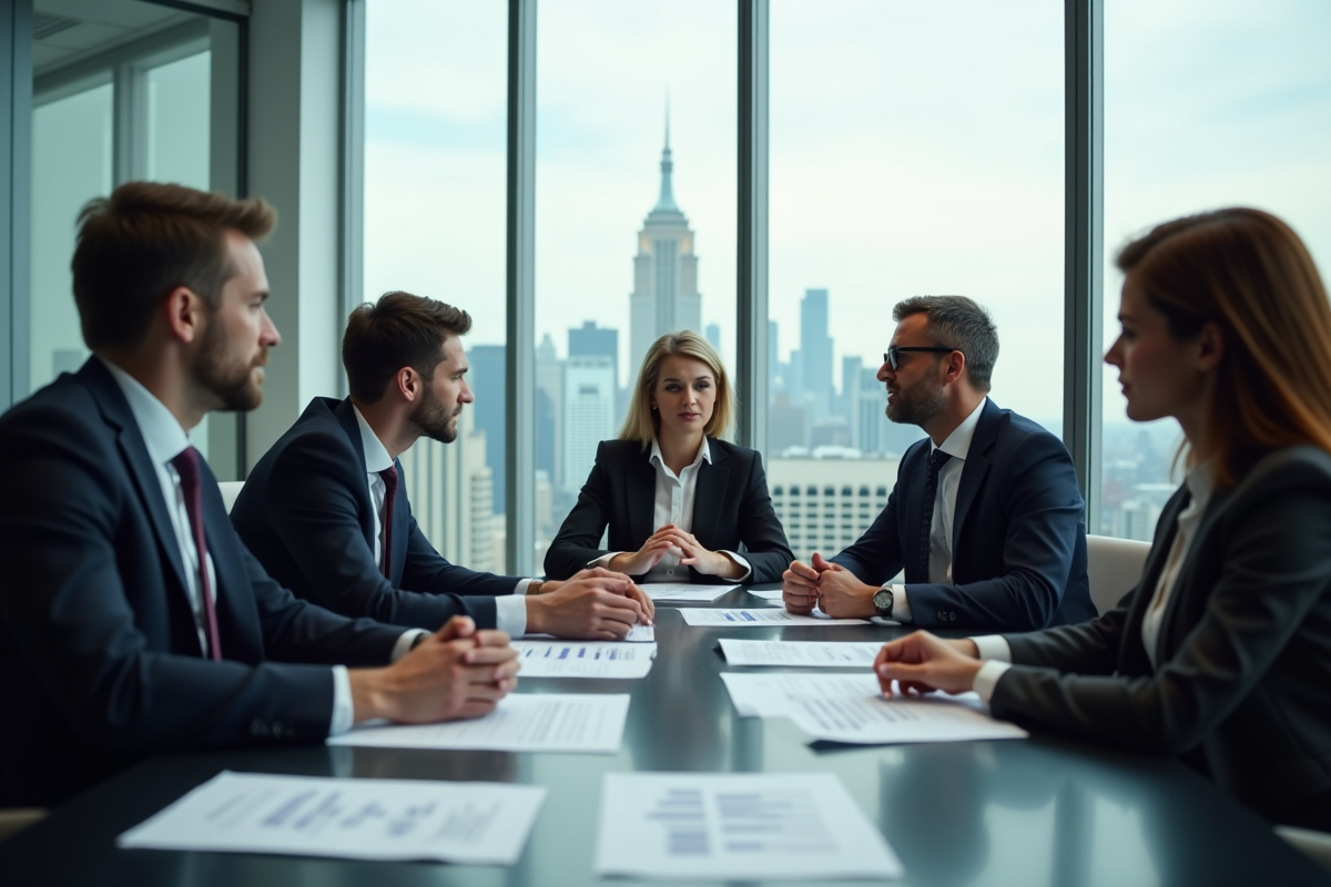 Groupe de professionnels discutant autour d'une table avec documents