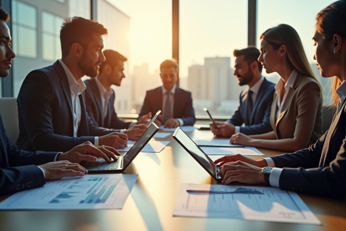 Groupe de professionnels en réunion analysant des données économiques