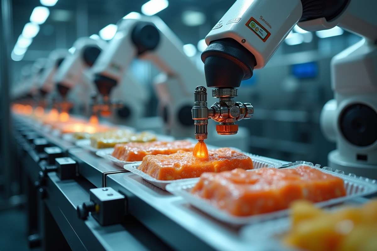Bras robotique scellant des repas emballés dans une usine futuriste