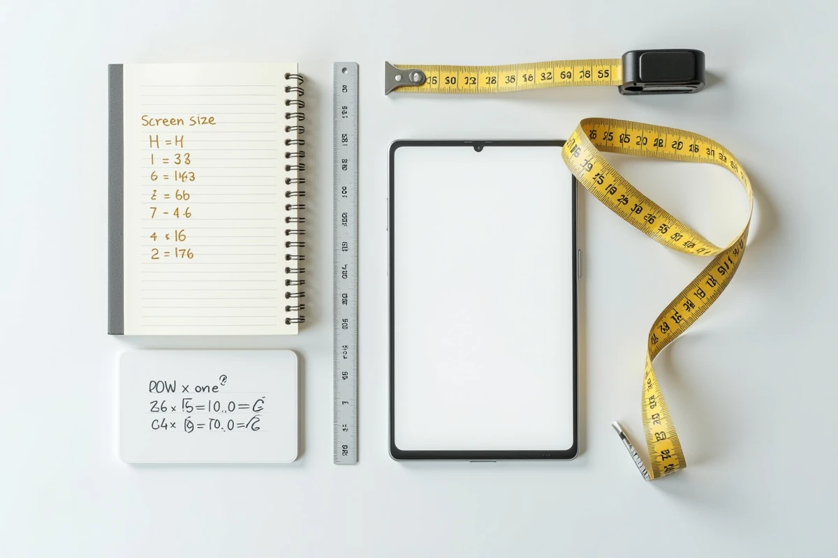 Mètre ruban en pouces et centimètres avec calculs manuscrits pour convertir la taille d'un écran TV ou PC