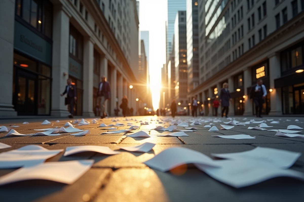 Rue financière déserte avec papiers dispersés et gratte-ciel brillants ensoleilles