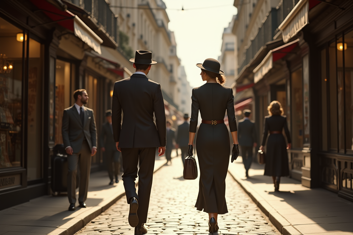 Scène de rue parisienne élégante des années 1930 avec hommes et femmes en tenues sophistiquées