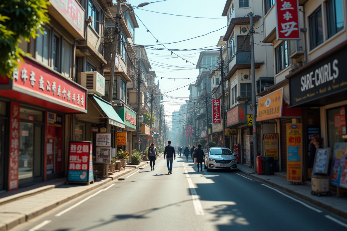 Rue urbaine avec bâtiments résidentiels et panneaux a vendre en journée