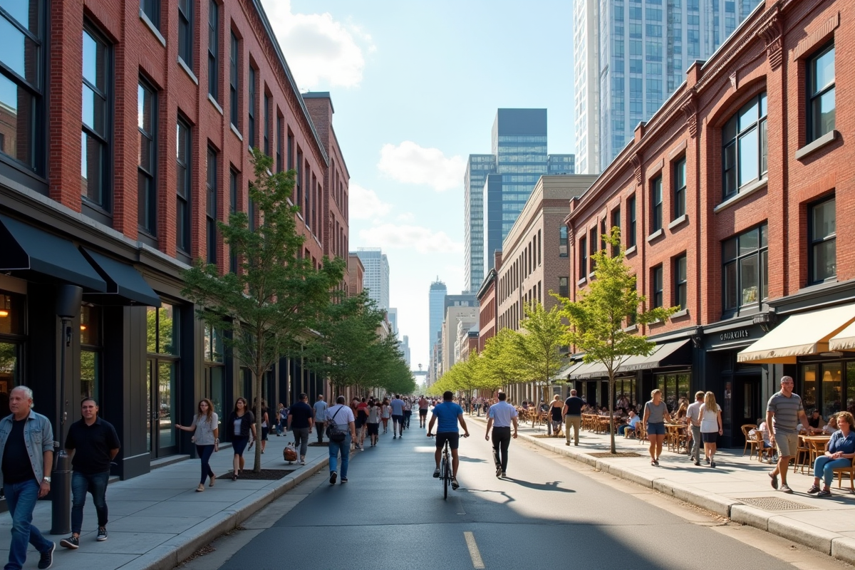 Rue animée avec piétons et bâtiments historiques et modernes