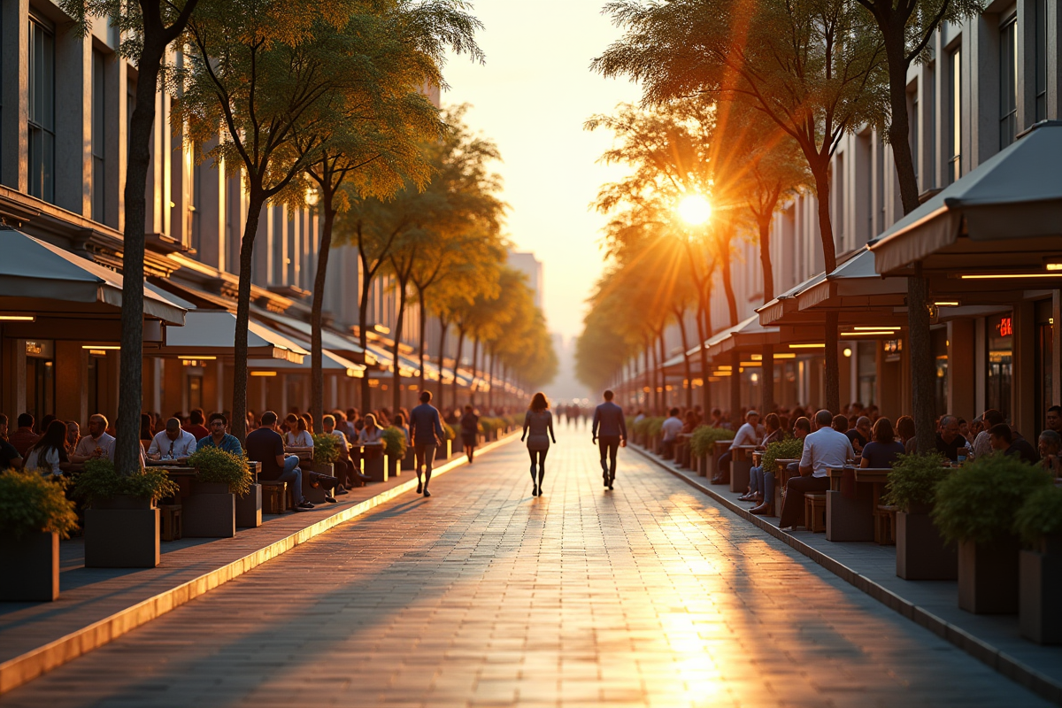 Rue piétonne au lever du soleil avec cafés et terrasses