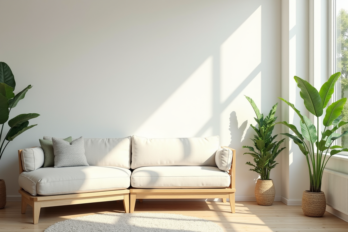 Salon lumineux avec plantes vertes et mobilier en bois