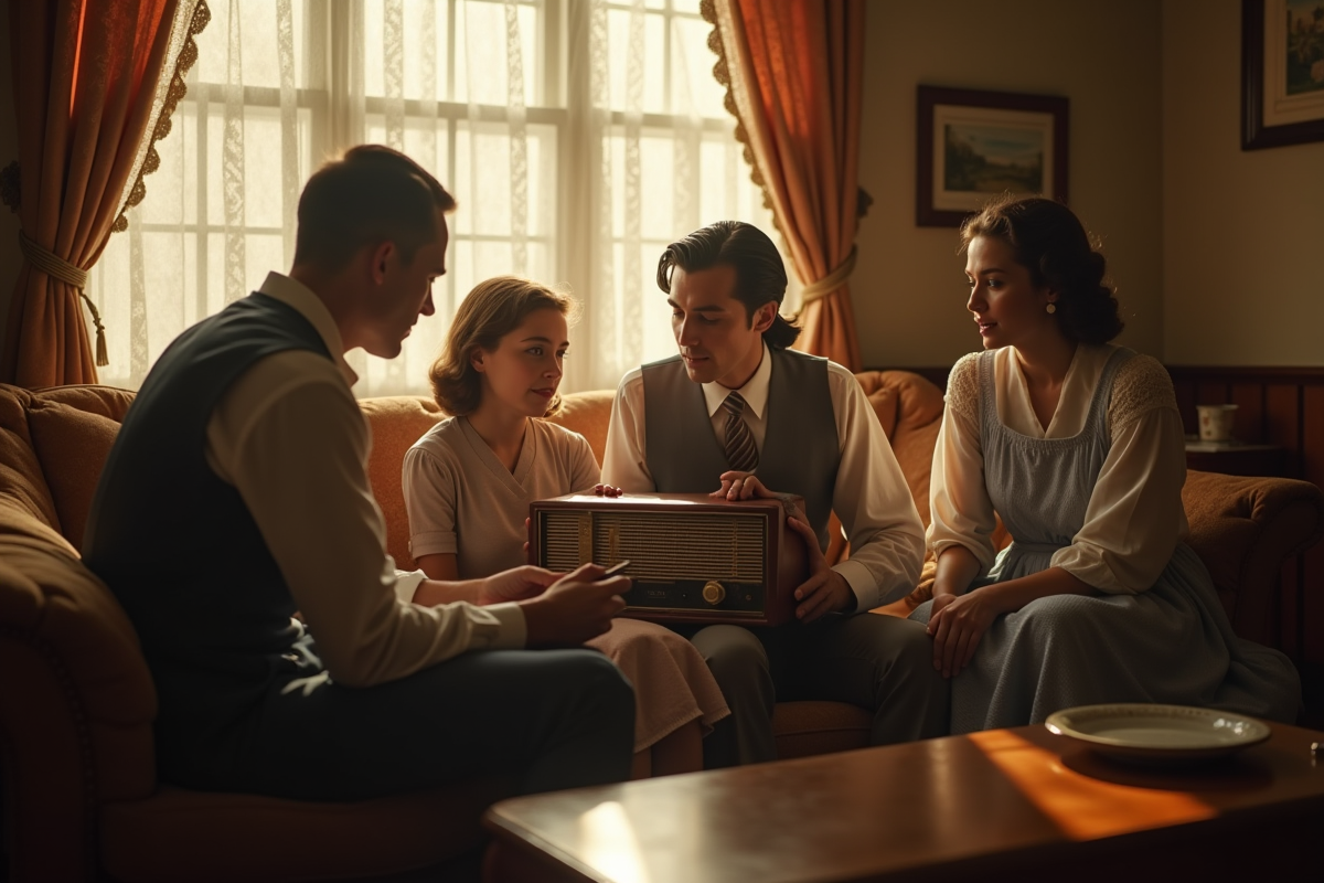 Famille dans un salon vintage des années 40