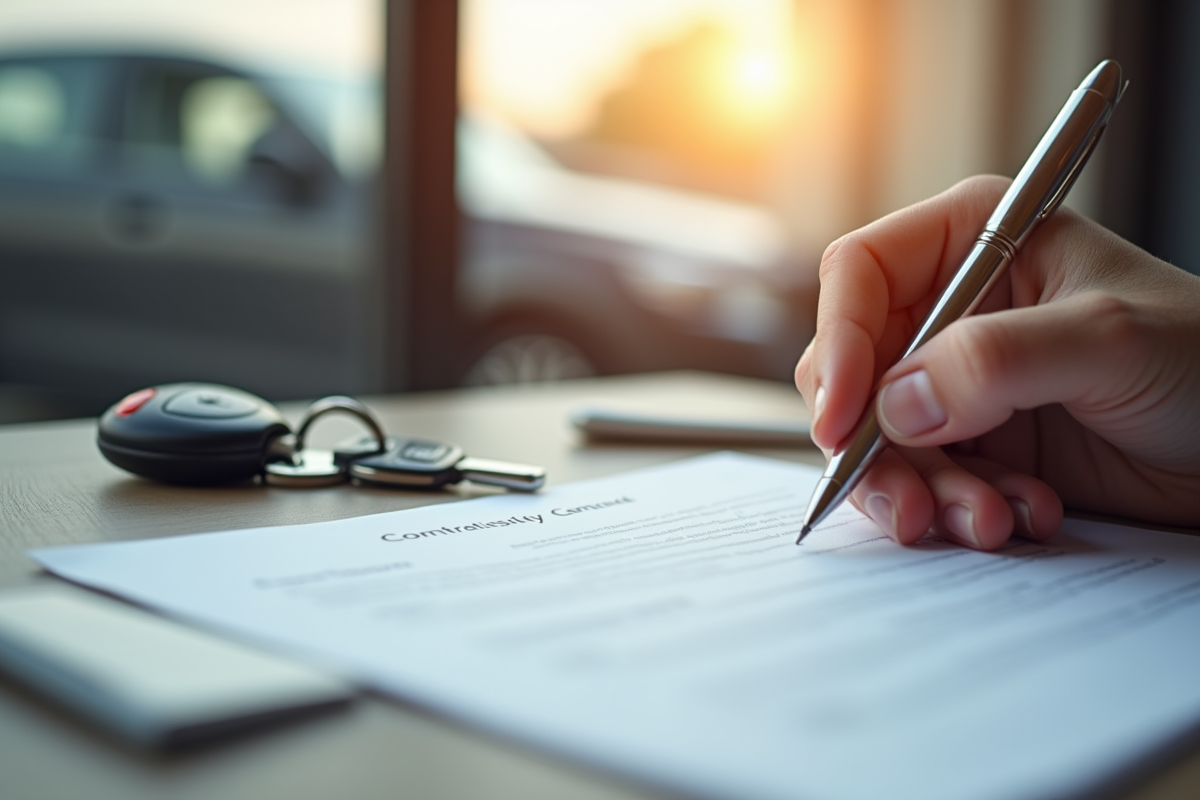 Main signant un contrat avec clés de voiture à côté dans un bureau ensoleille