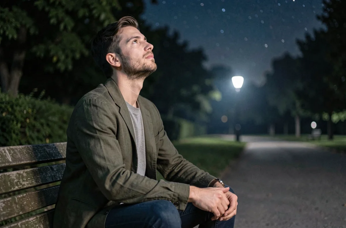 Homme seul dans un parc la nuit contemplant le ciel étoilé dans une méditation sur la signification flamme jumelle nocturne