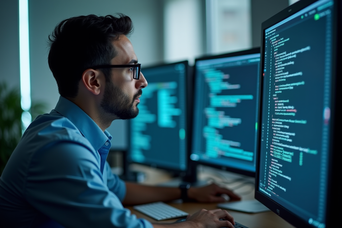 Spécialiste informatique avec lunettes analysant des écrans de code