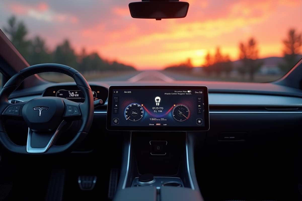 Tableau de bord voiture électrique futuriste au coucher du soleil