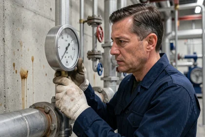 Technicien industriel lisant un manomètre affichant 3,4 bar (50 PSI) sur un réseau de tuyauteries en acier dans une usine moderne
