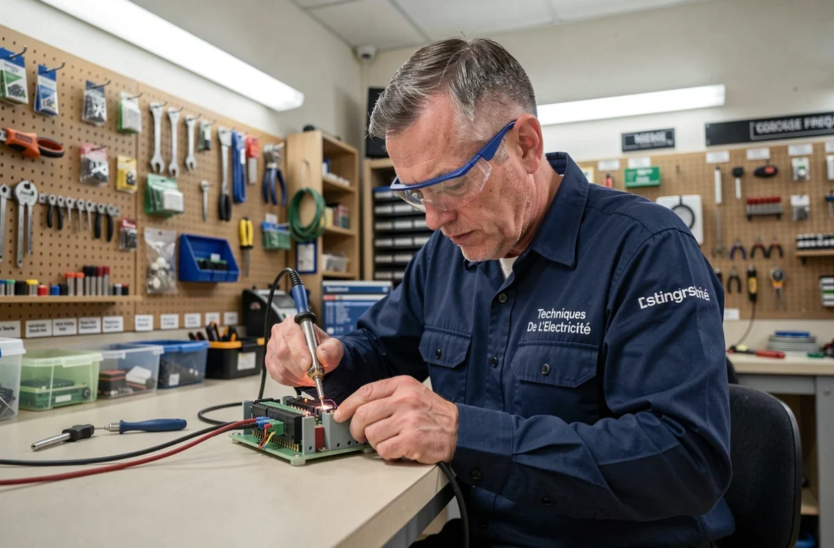 Électricien de Techniques De L'Electricité soudant un module de commande électrique dans un atelier
