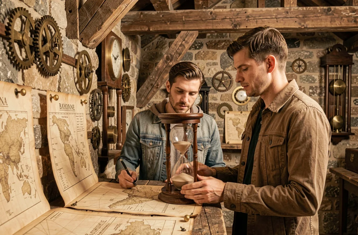 Joueurs étudiant des cartes anciennes et un sablier dans la salle à thème temporel de Tempus Escape à Bayonne