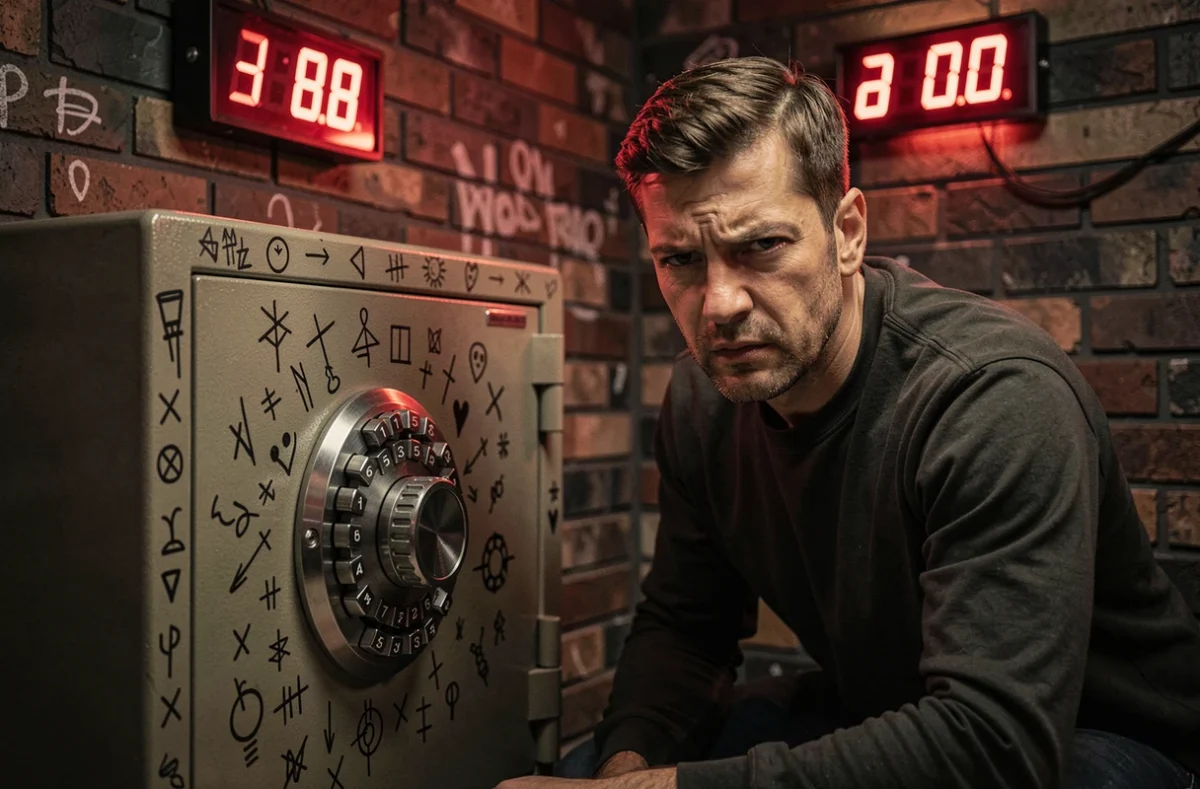 Joueur concentré tentant d'ouvrir un coffre-fort dans la salle Too Late de l'escape game à Bayonne