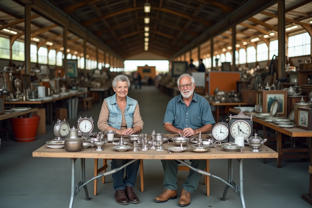 Vendeurs de brocante installés dans une halle couverte du Nord avec objets anciens