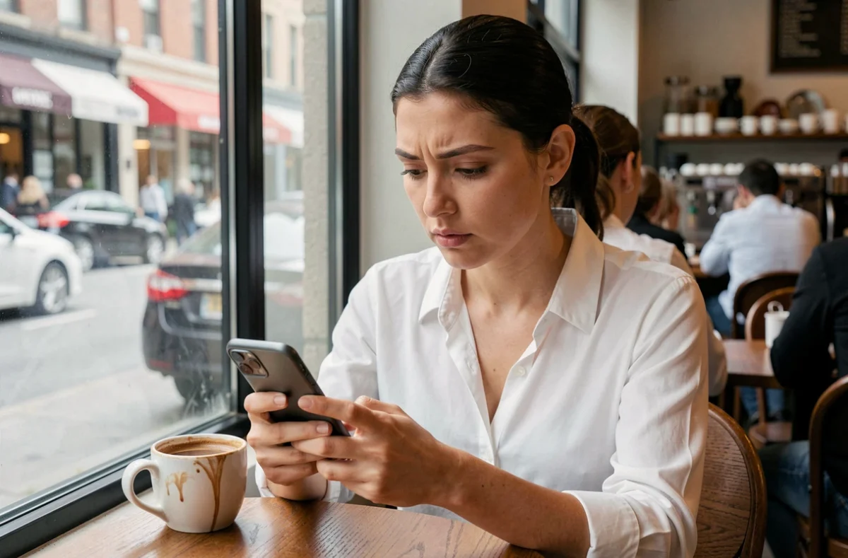 Une femme vérifiant des avis en ligne sur son smartphone dans un café urbain