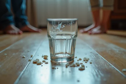 Verre blanc cassé en morceaux sur un parquet en bois clair, symbolisant un signe du destin dans une relation amoureuse