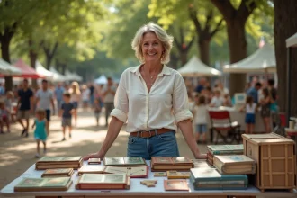 Femme vendant des jouets et livres pour enfants sur un stand de vide grenier en plein air