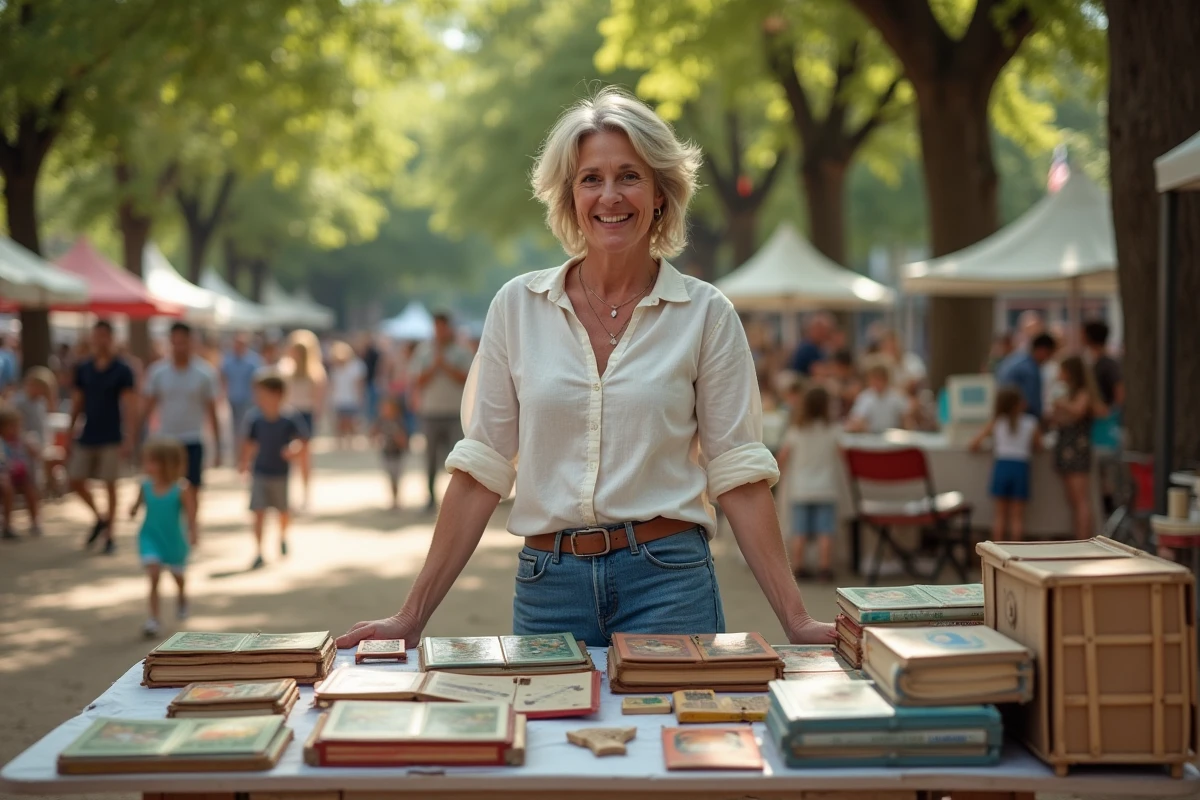Femme vendant des jouets et livres pour enfants sur un stand de vide grenier en plein air