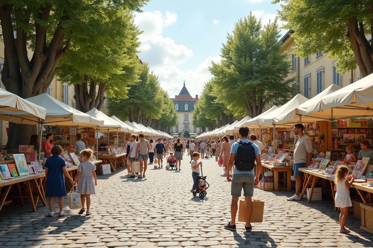 Vue d'ensemble d'un vide grenier familial en plein air avec jouets et livres pour enfants sur une place de village