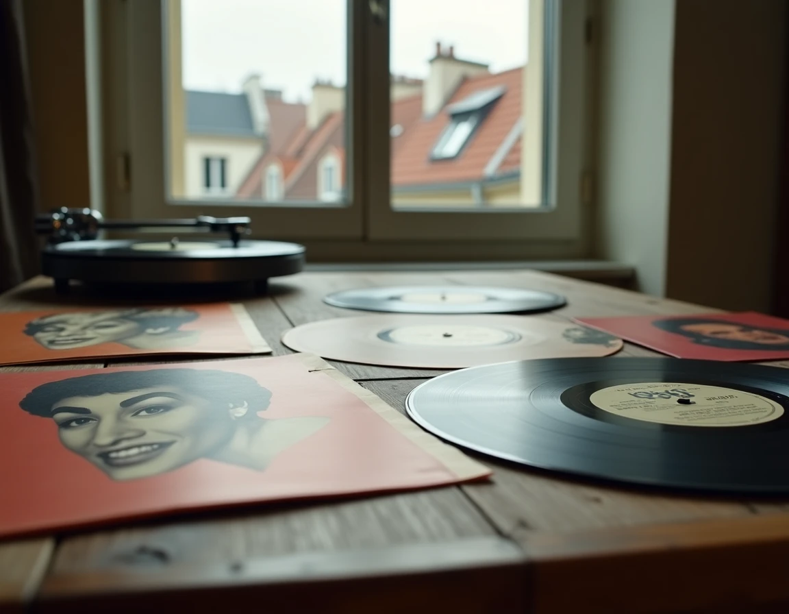 Collection de vinyles 45 tours de chanson française des années 60 sur une table avec tourne-disque vintage
