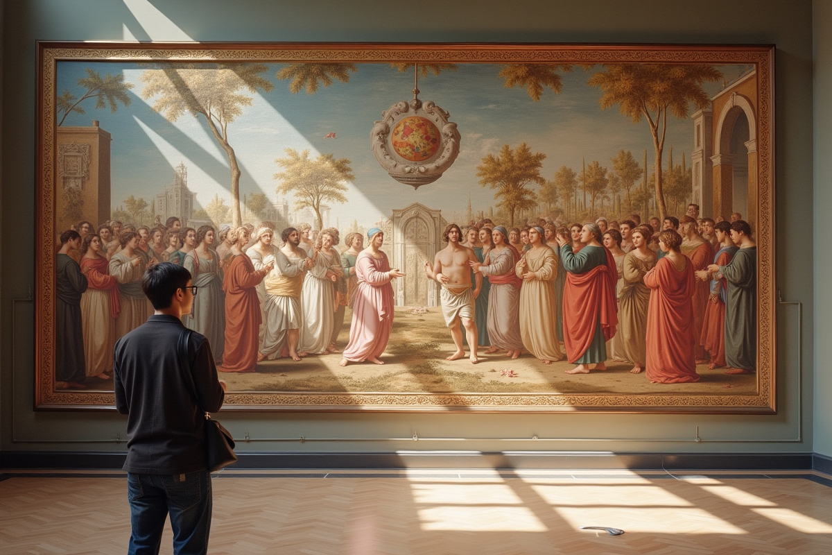 Visiteur observant une fresque renaissance dans un musée lumineux