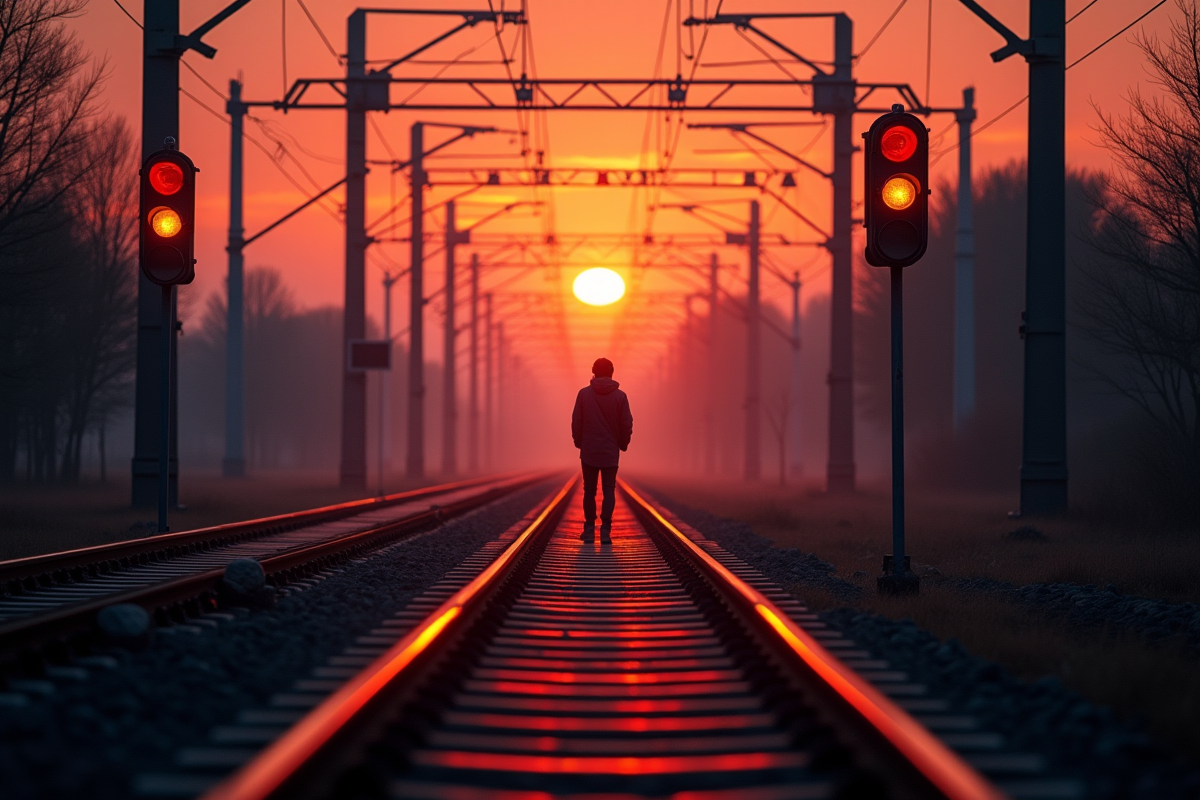 Voie de RER au lever du soleil avec ciel orange et voyageur seul