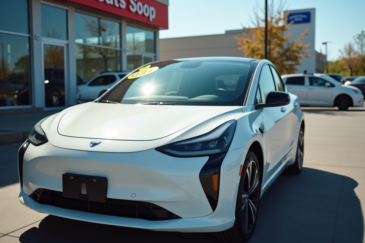 Voiture électrique d'occasion stationnée en concession avec signe de usure