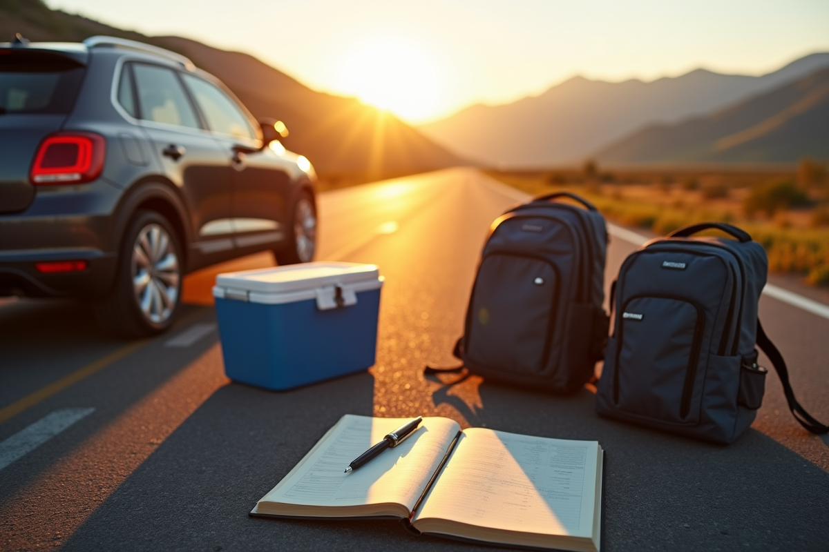 Voiture garée avec sacs et carnet de voyage en montagne